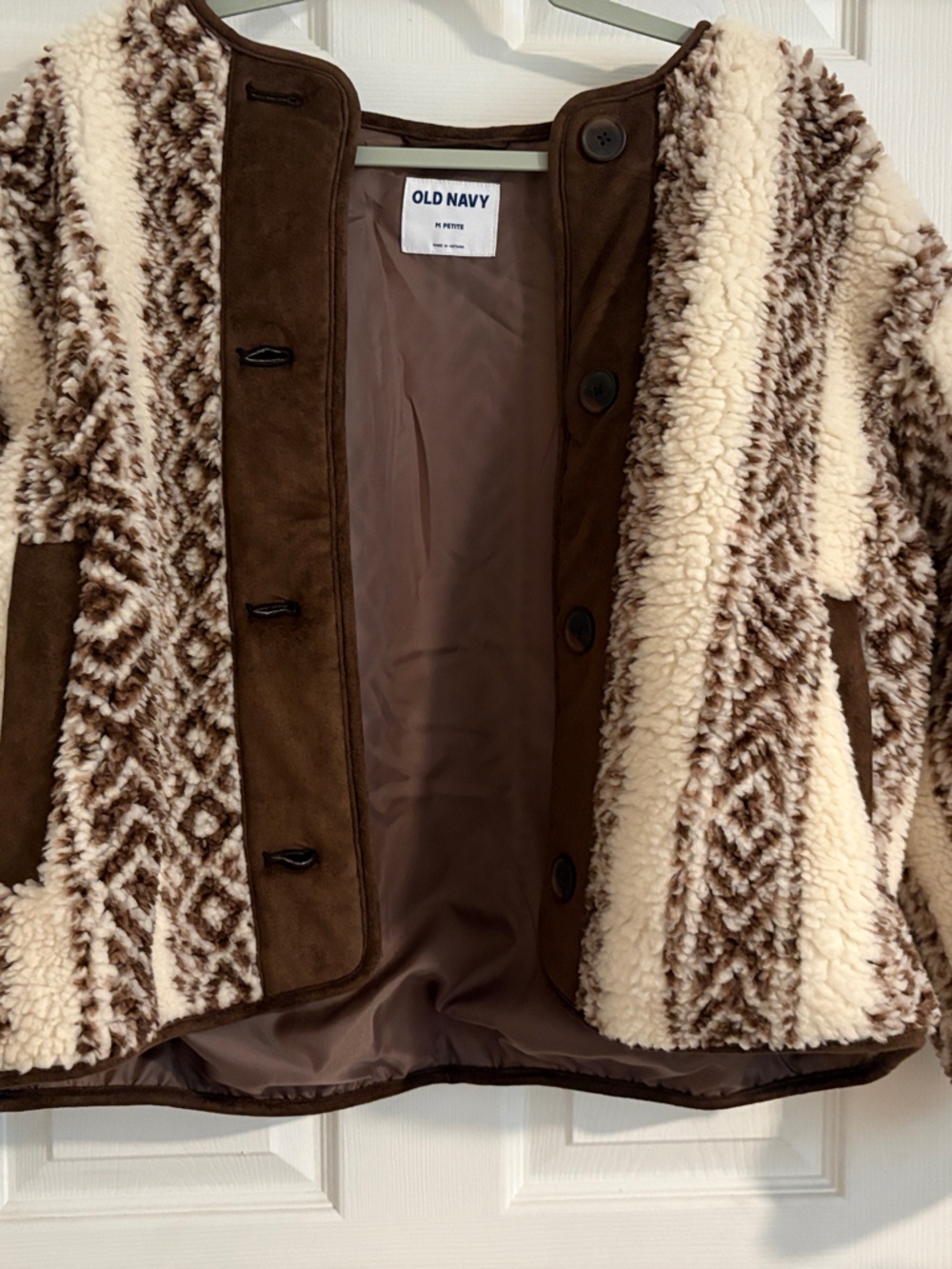 Old Navy Cream and Brown Patterned Sherpa Jacket